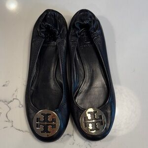 Tory Burch Black Leather Ballet Flats with Gold Logo